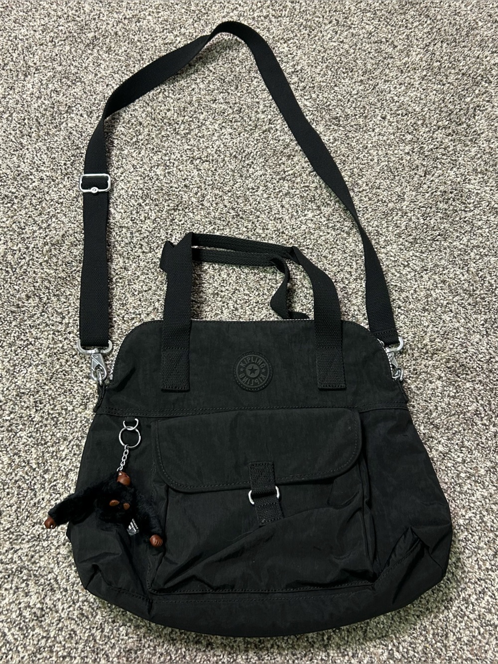 Kipling Satchel Crossbody Shoulder Bag Black Nylon Large Purse Pahneiro Monkey